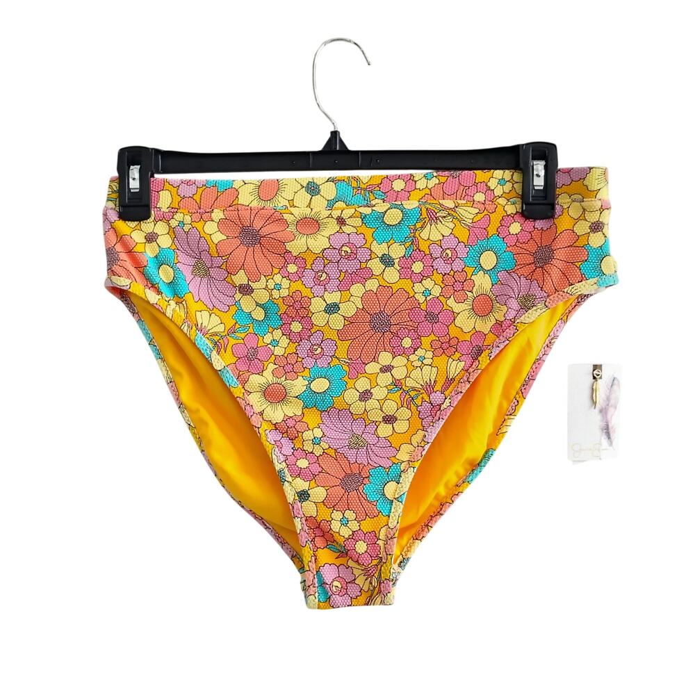Jessica Simpson Women XL Yellow Pink Floral Swim Bikini Bottoms Hippie Retro